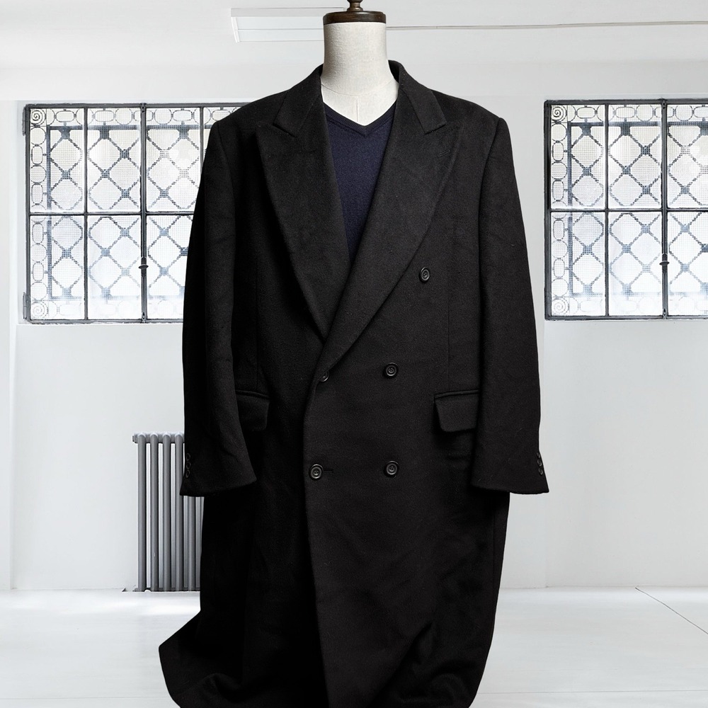 Daniel Hechter Cashmere Wool Blend Double Breasted Overcoat 46L Black Peak Lapel